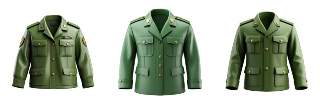 3D Plastic Style Green Military Jacket Icon Isolated Against Transparent Background with Multiple Pockets Golden Buttons and Shoulder Decorations - Powered by Adobe