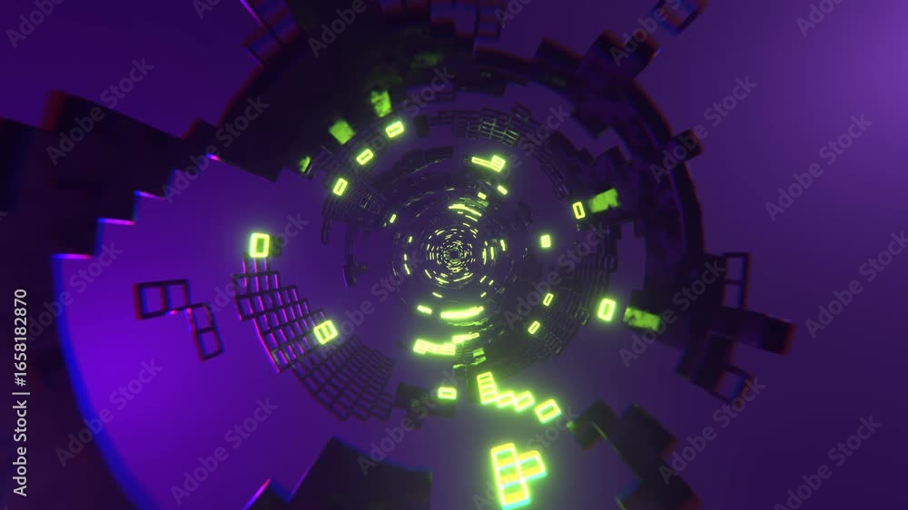 Poster flying through futuristic glowing sci-fi tunnel with neon lights seamless loop animation background