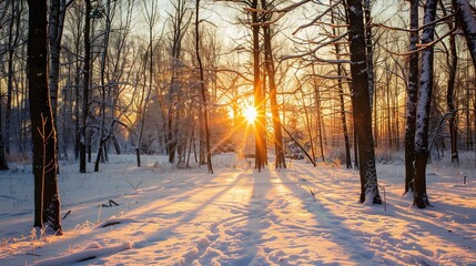 Winter Woodland Sunset: Golden Light Through Bare Trees, Frosty Branches, and Cold Air in a Snow-Dusted Forest at Dusk