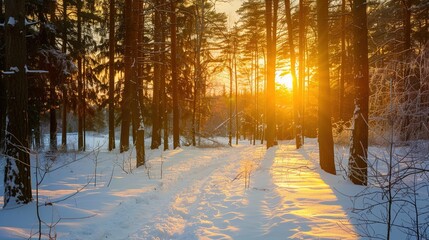 Winter Woodland Sunset: Golden Light Through Bare Trees, Frosty Branches, and Cold Air in a Snow-Dusted Forest at Dusk