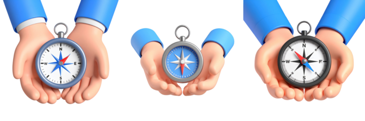 Animated Hands Holding Compass with Blue Sleeves and Animated Needle on Transparent Background