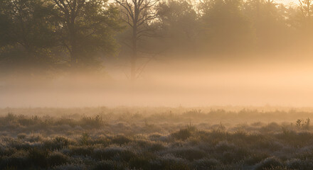 Warm golden light illuminates a serene misty morning landscape, showcasing a tranquil field of dew-kissed grasses and silhouetted trees against the ethereal fog.