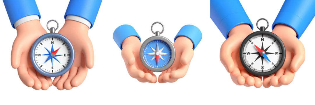 Animated Hands Holding Compass with Blue Sleeves and Animated Needle on Transparent Background