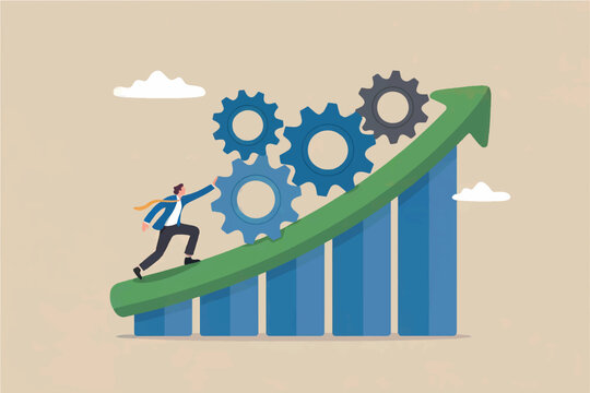 Businessman climbing upward moving gears connected to a rising bar graph symbolizing business growth and successful strategy