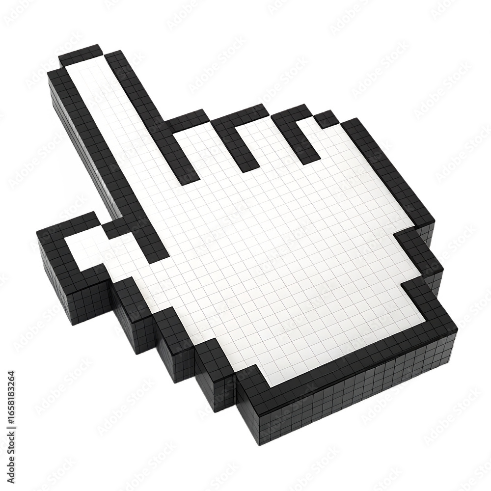Fototapete pixelated hand pointer cursor with 3d black border isolated on black background for website design a