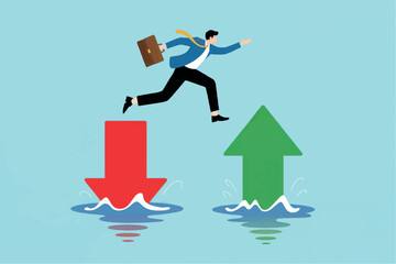 Business man jumping over red down arrow to green up arrow symbolizing overcoming challenges and achieving financial growth