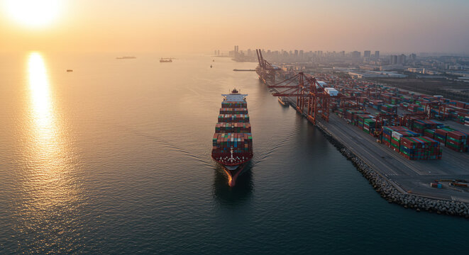 Aerial view of a container ship sailing towards a busy port at sunset with cranes and containers