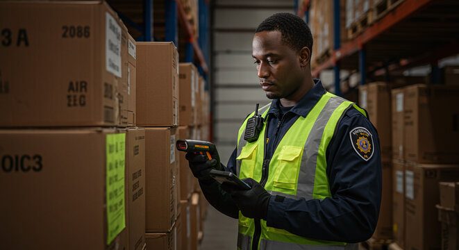 Man scanning boxes in a warehouse with a handheld scanner and wearing a safety vest and uniform