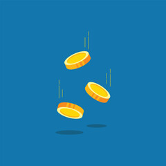 Golden falling coins vector illustration on blue background. Ideal for finance, savings, jackpot, cryptocurrency, business, banking, investment, wealth, online payment and money-related graphic design