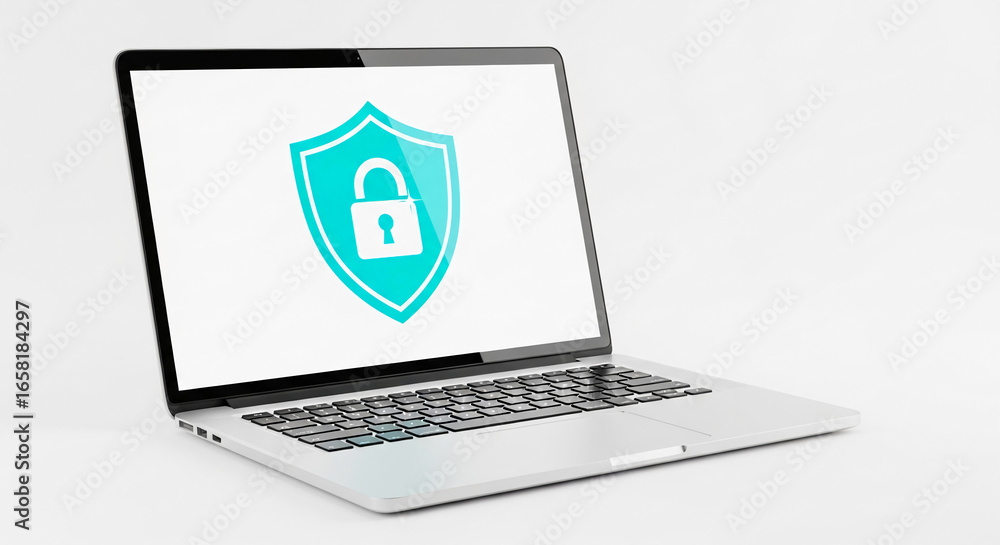 Aufkleber silver laptop displaying cyan shield and lock icon, symbolizing online security and data protection,