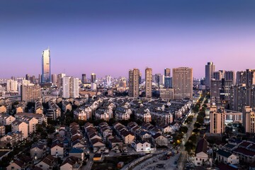 Aerial View of Huzhou China Skyline at Twilight with Blue-Toned Sky and Urban Landscape Panorama