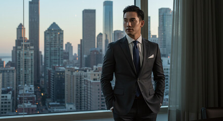 Fototapeta premium Man in suit stands before a large window overlooking a cityscape at dusk with hands in his pockets