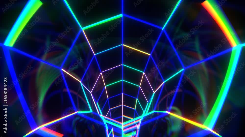 Poster flying through endless glowing futuristic neon grid tunnel seamless loop animation for technology ba