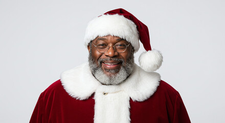 Naklejka premium Portrait of a smiling african american santa claus wearing a red suit and santa hat on a white background
