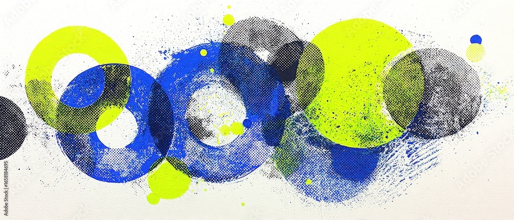 Poster abstract geometric background with blue, yellow, and gray circles and halftone pattern modern art co