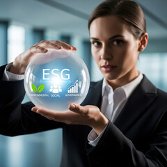Businesswoman Holding a Luminous Sphere with ESG Icons, Representing Sustainable and Ethical Corporate Strategy