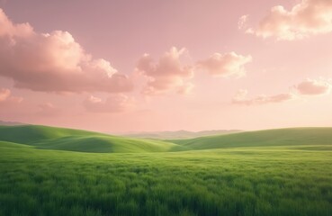 Obraz premium Rich green rolling hills under soft pink sky filled with clouds. Gentle landscape texture, with sense of open space and tranquility. Ideal for themes of nature, rural life, and peaceful environments.