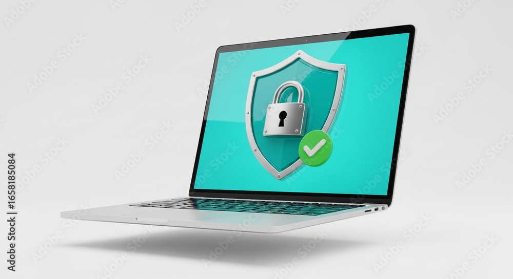 Poster laptop screen displays a shield, padlock, and checkmark, symbolizing online security and data protec