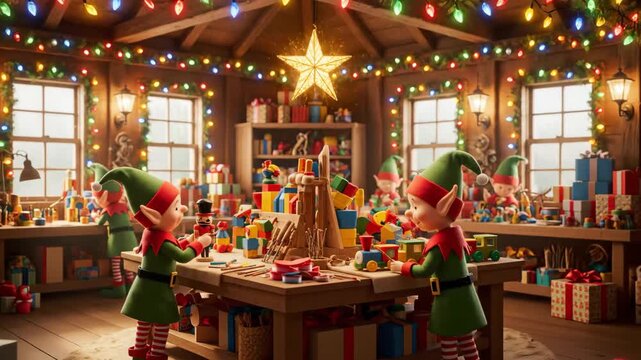 Elves Making Toys in Festive Christmas Workshop - A whimsical scene of Christmas elves crafting toys in a warmly lit workshop.