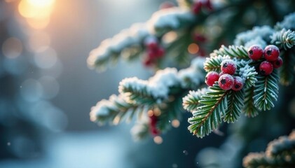 Frost covered pine boughs, berries, ribbon, soft focus bokeh, blurred, frost