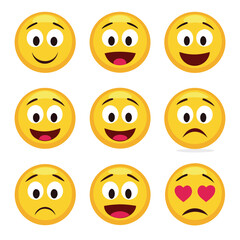 Nine cartoon smiley face emojis with different expressions