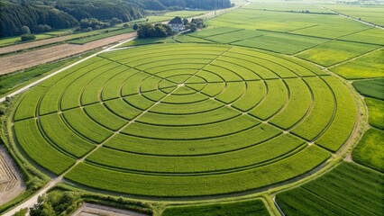 Aerial View of Rice Fields Forming Circular Crop Circle Pattern for Agriculture Concept