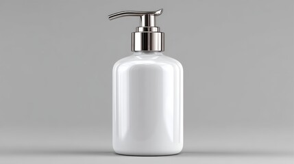 White cosmetic dispenser bottle with pump on gray background for product branding.