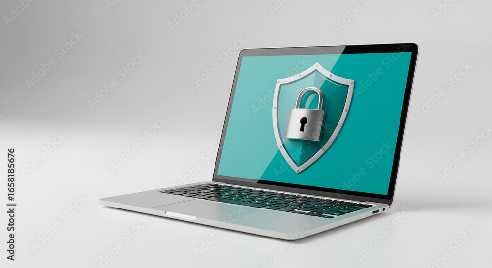 Aufkleber laptop showcasing teal screen with padlock inside shield graphic, symbolizing online security and da