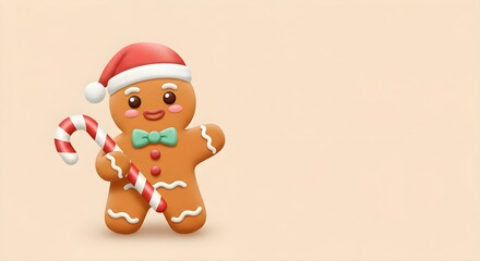 Cute Christmas Gingerbread Man with Santa Hat and Candy Cane