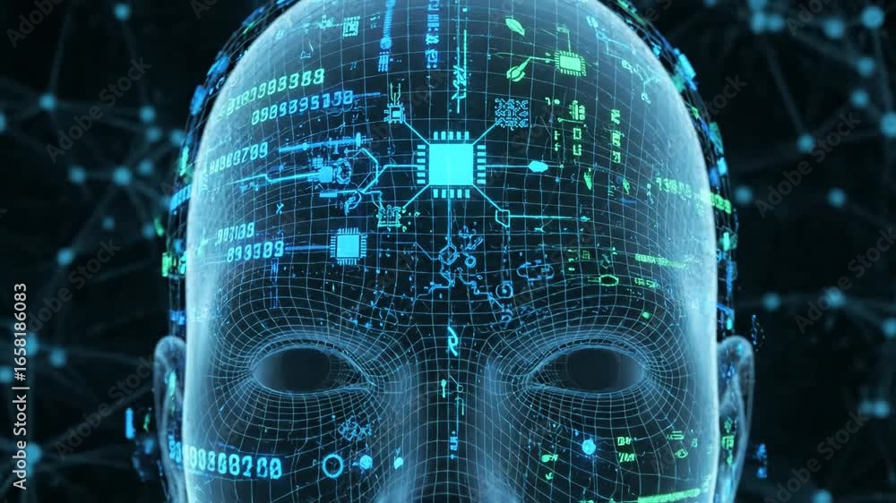 Aufkleber digital human head with network data overlay - a wireframe human head is overlaid with digital data,