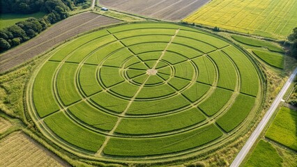Aerial View of Rice Fields Forming Circular Crop Circle Pattern for Agriculture Concept