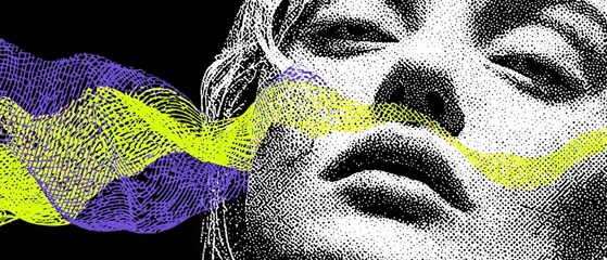 Surreal halftone face with vibrant sound waves, abstract artistic expression of music and emotion