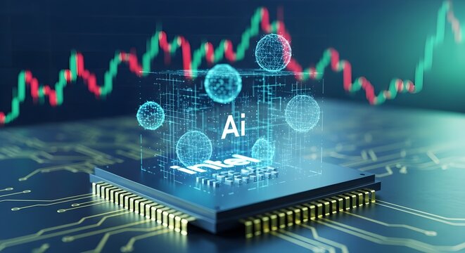 AI technology represented by a holographic cube on a computer chip, with financial market data in the background.