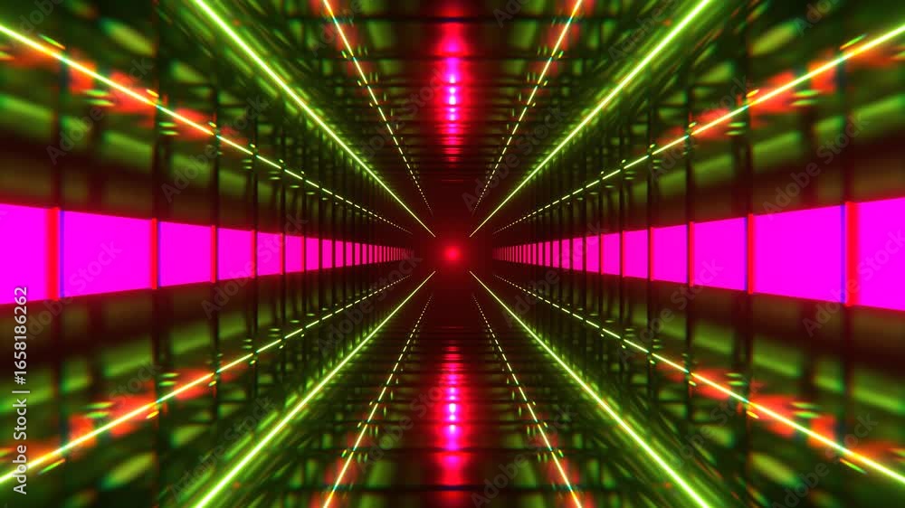 Poster flying through endless glowing futuristic sci-fi neon tunnel seamless loop motion animation backgrou