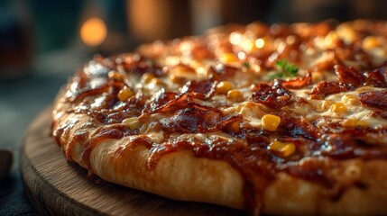 Close-up of hot bacon and corn pizza on wooden plate in warm rustic setting.
