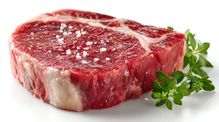 Raw seasoned beef steak with rosemary and spices on white background close-up.