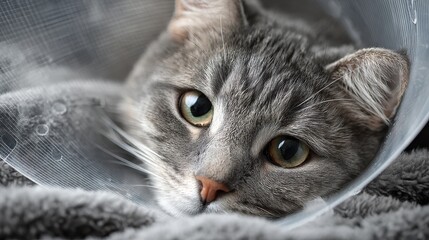Close-Up of Injured Cat in Recovery Cone – Gray Tabby Resting on Soft Blanket After Surgery, Peaceful and Emotional Scene of Veterinary Pet Healing and Responsible Animal Ownership