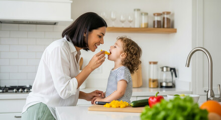 A tender and playful moment in the kitchen as a loving mother shares a healthy snack with her adorable daughter a perfect picture of family joy and connection