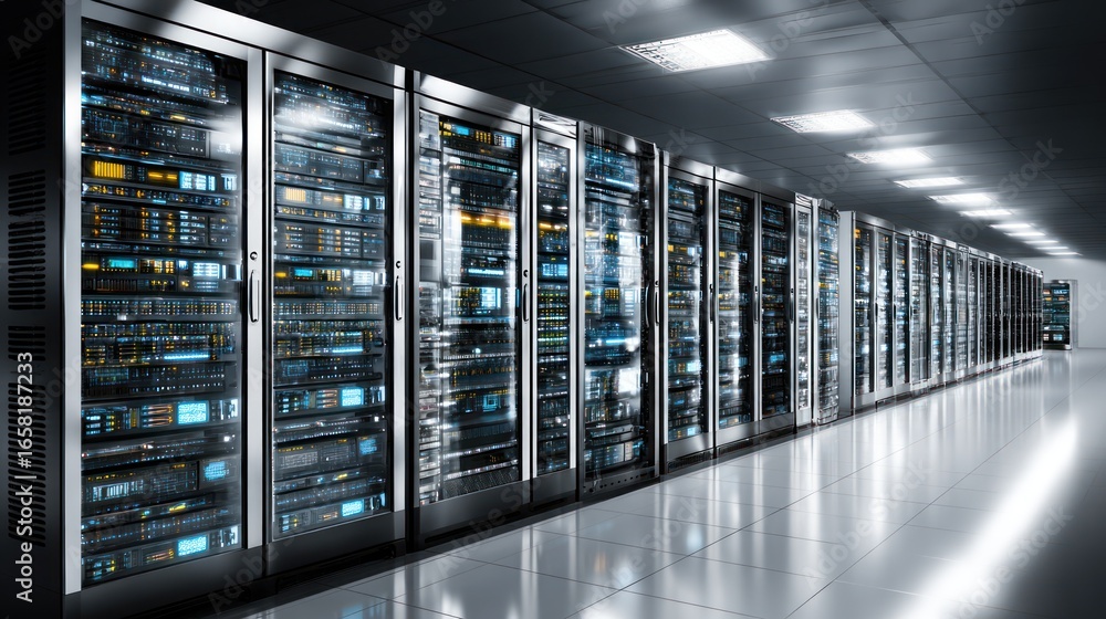 Poster a perspective view inside a modern data center with rows of servers and bright lighting