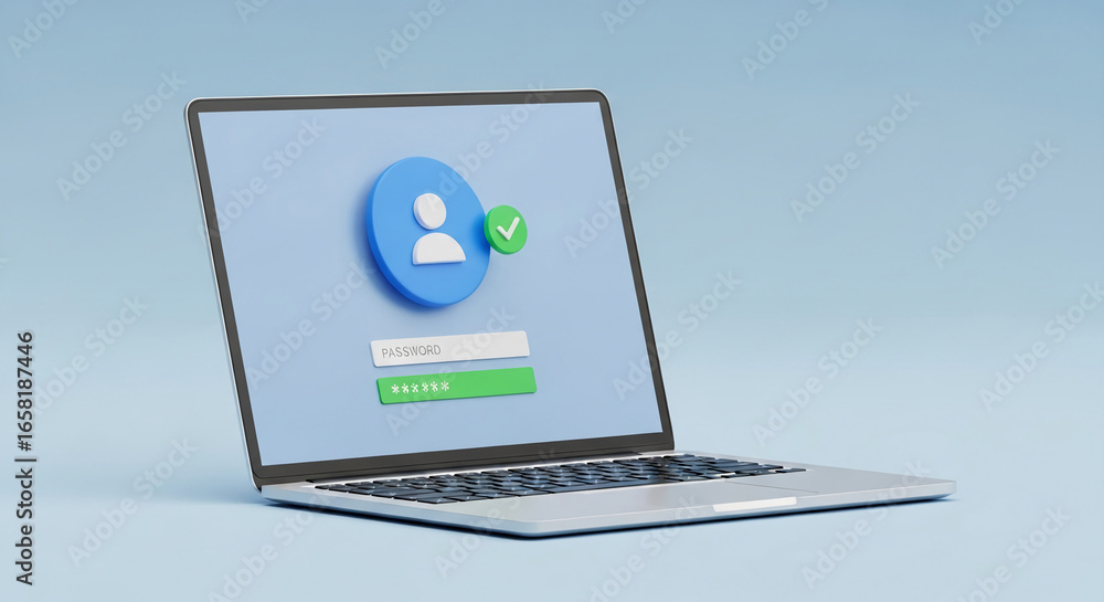 Poster laptop displaying a login screen with a user icon and checkmark, symbolizing secure access and onlin