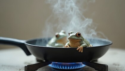 Two ceramic frogs in frying pan on stove with steam. Conceptual image symbolizing discrimination, heat, or a culinary theme. Horizontal format, neutral background for versatile use in design projects.