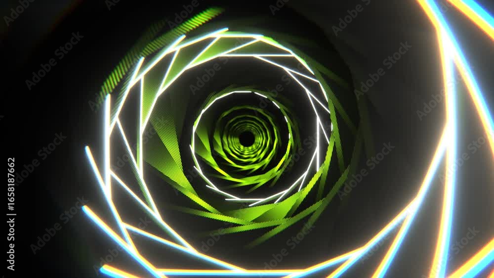 Poster flying through endless glowing green sci-fi wormhole tunnel seamless loop motion animation backgroun