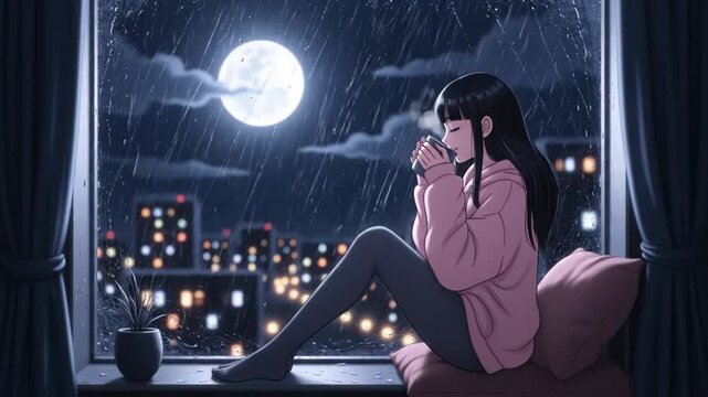 Rainy Night Anime Girl - A cute anime girl sits by a window on a rainy night, enjoying a warm drink while looking out at a city lit up with lights and a full moon in the background.