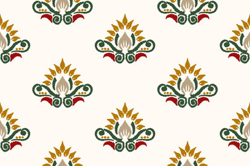 Ikat floral paisley embroidery on white background. Traditional ethnic ikat, aztec abstract vector pattern, seamless pattern in tribal, folk embroidery and mexican style.