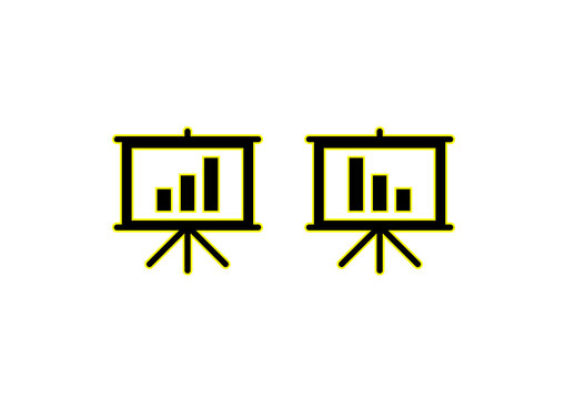 “Minimalist business presentation icon with yellow outline, bar chart on board, modern vector symbol for finance and analytics.”