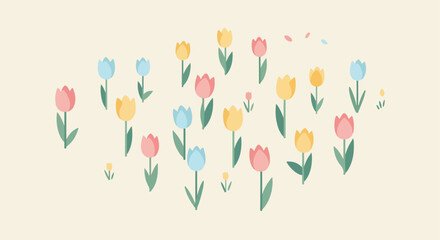 Colorful Tulips Bloom, Petals Fall in the Wind, Flat Lay, Beige Background for Pattern Use