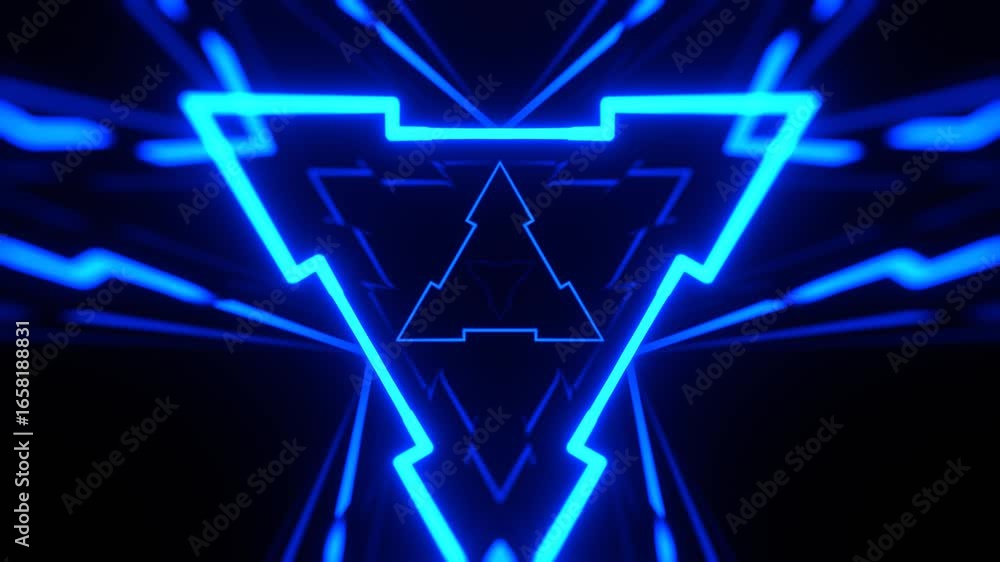Poster flying through endless glowing neon futuristic triangle tunnel seamless loop animation background fo