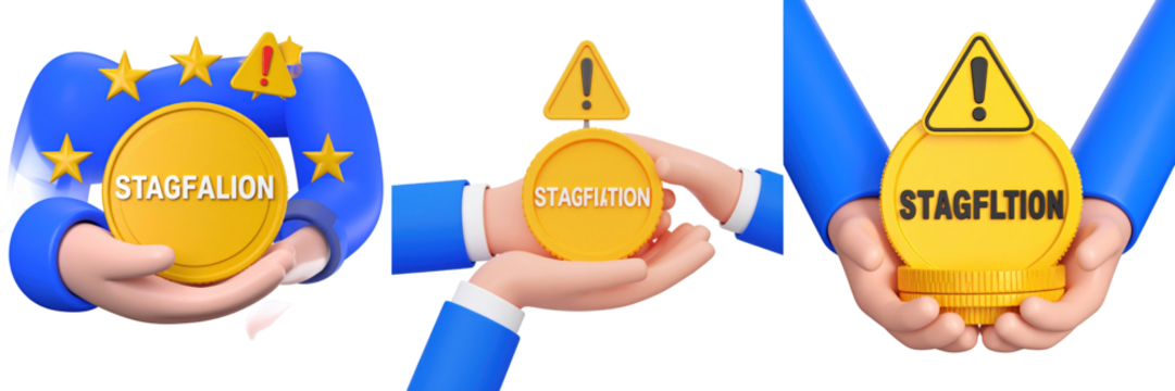 3D Rendered Hands With Blue Sleeves Holding Yellow Coin Featuring Stagflation Label Against Transparent Background