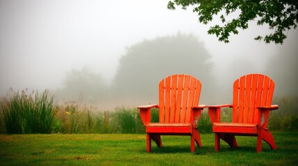 Two red Adirondack chairs sit on lush green grass amidst a foggy landscape