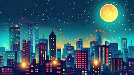 Naklejka premium A vibrant cityscape illustration featuring skyscrapers under a starry night sky with a full moon shining brightly